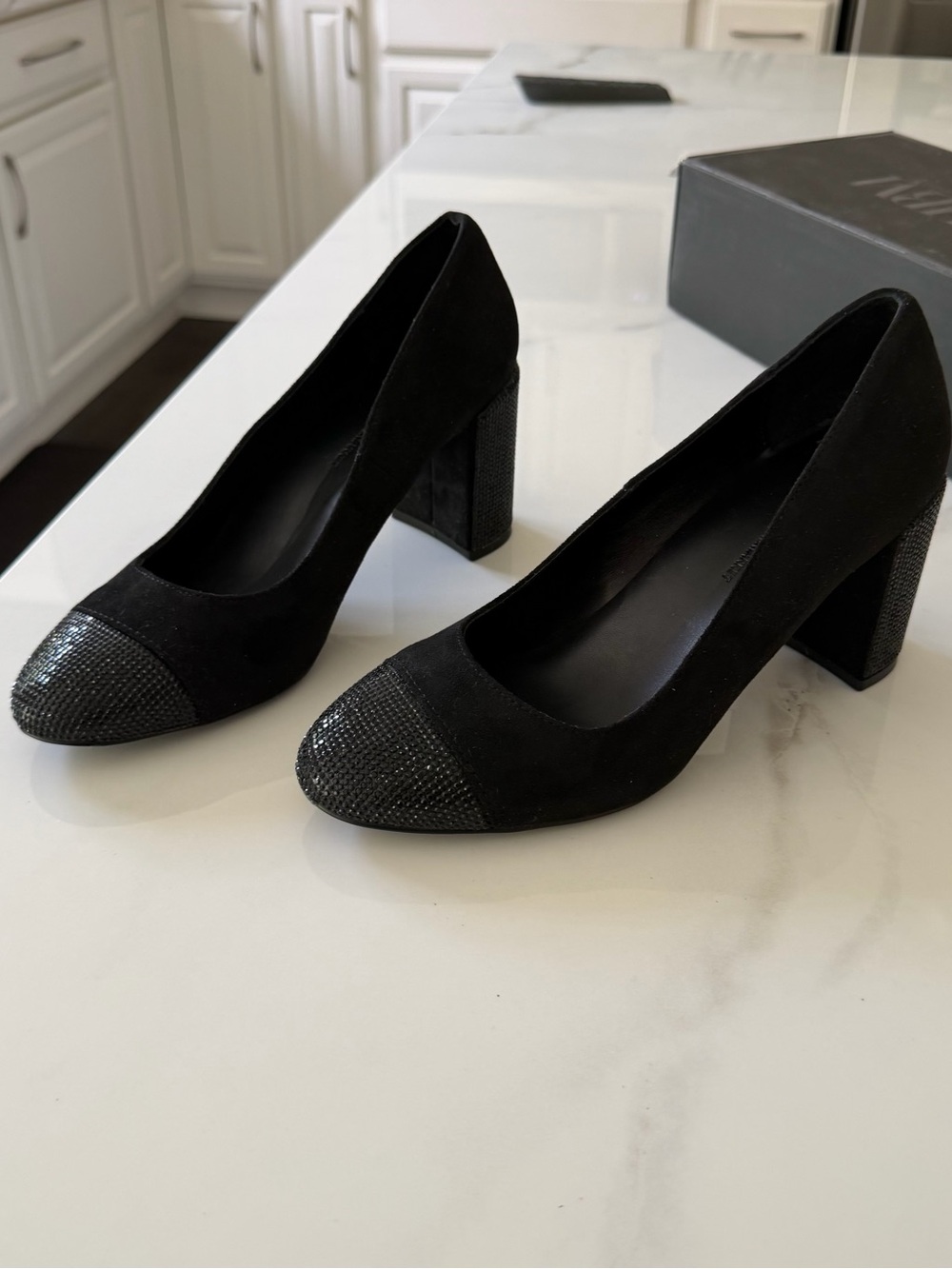 White House Black Market Black Suede Block Heel Pumps with Sparkle Cap Toe/heels